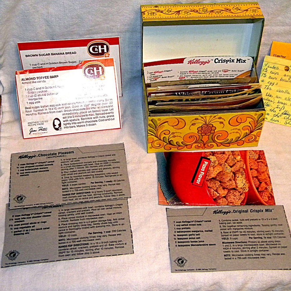 Vintage Avon Yellow Recipe Box with old recipe cards